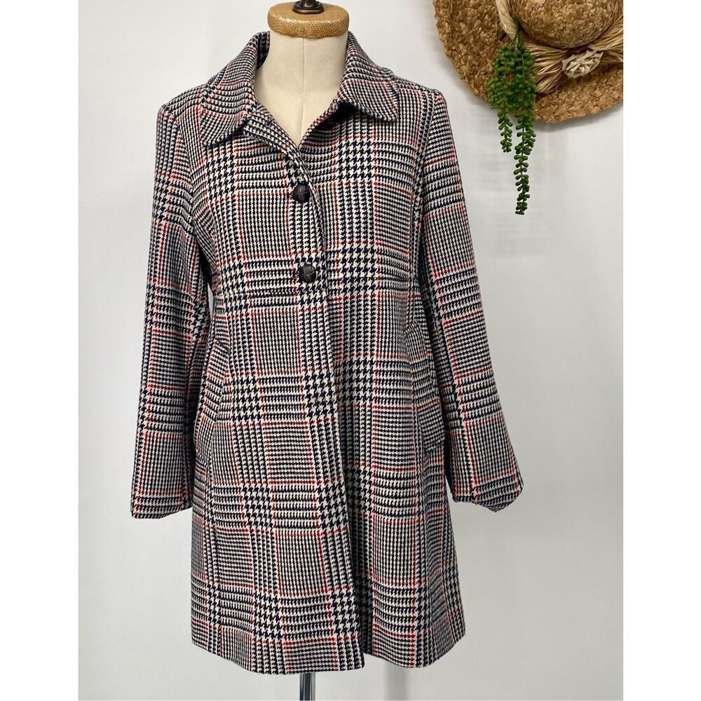 Tommy Hilfiger Classics 12 Wool Blend Houndtooth Plaid Coat Navy Red Cream Pocke